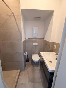 a small bathroom with a toilet and a sink at PaderQuartier2 in Paderborn +3 photos