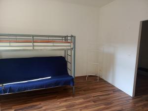 a bunk bed in a room with a blue couch at Spacious Heritage Apartment for Groups in Bruck an der Leitha