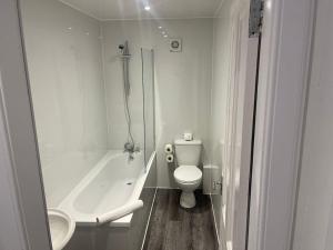 a bathroom with a toilet and a tub and a sink at Elder Park Apartments in Glasgow +14 photos
