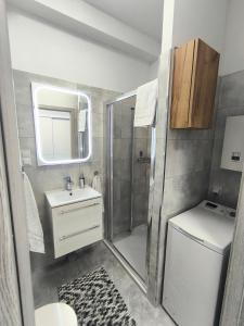 a bathroom with a shower and a toilet and a sink at DN Fly & Stay in Wrocław +9 photos