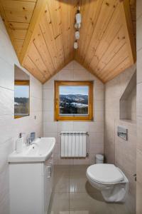 a bathroom with a toilet and a sink and a window at Chaty u Bibra in Sablówka +20 photos