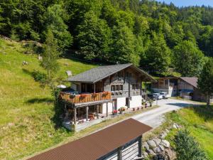 an aerial view of a house in the mountains at Gästehaus Milital in Innertkirchen