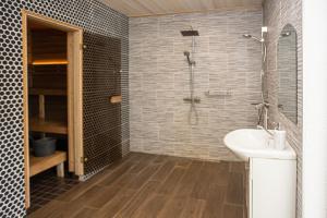a bathroom with a sink and a shower and a toilet at Sepa puhkemaja in Pärnu +29 photos