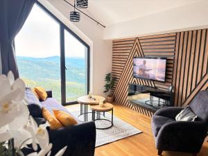 a living room with a couch and a tv and a fireplace at Divcibare Vrh 26 in Divčibare