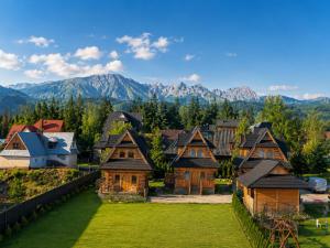 a group of houses with mountains in the background at Willa Murań in Murzasichle