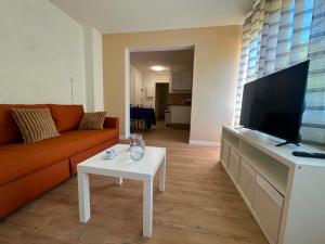 a living room with a couch and a flat screen tv at Appartement 61 in La Ciotat