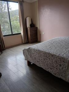 ein Schlafzimmer mit einem Bett und einem großen Fenster in der Unterkunft Hotel Jomaley in Loja