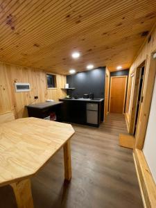 a large room with a kitchen and a wooden ceiling at Onix in Las Trancas
