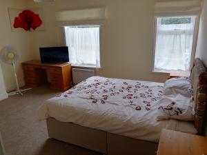 a bedroom with a bed and a desk and windows at Nature and beach in Lowestoft