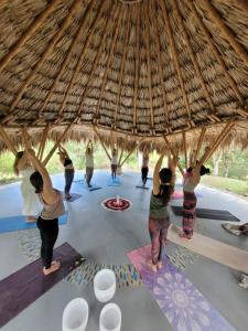 a group of people doing yoga under a thatched roof at Cultivarte in Anapoima