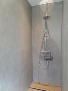a bathroom with a shower in the corner of a room at Ferienwohnung Johanns Hof in Fürth +23 photos
