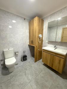 a bathroom with a toilet and a sink and a mirror at ÇAMLIK APART in Ayvalık +23 photos