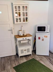 eine kleine Küche mit einem weißen Kühlschrank und einer Mikrowelle in der Unterkunft Lindenhardt in Creußen + 19 Fotos