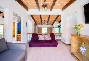 a living room with a purple couch at Geodesic sanctuary with a heated pool in Chiconcuac