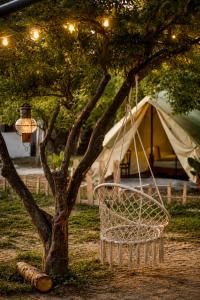 a basket hanging from a tree next to a tent at Montijo Garden - Glamping 25min de Lisboa in Montijo