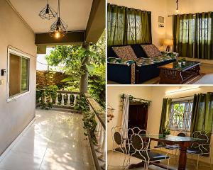 two pictures of a living room with a couch and a table at Casa Neo villa Vagator in Anjuna