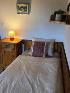 a bedroom with a bed with a lamp on a table at Chalupa Na Bačáku in Frýdek-Místek +43 photos