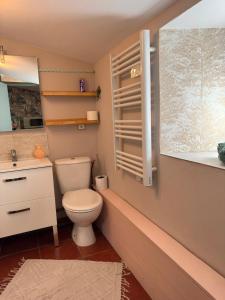 a bathroom with a toilet and a sink and a window at La chambre de Joséphine in Royan