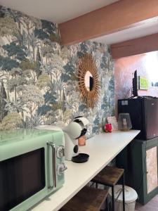 a kitchen with a microwave on a counter with a wallpaper at La chambre de Joséphine in Royan
