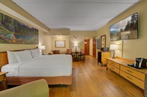 a hotel room with a bed and a living room at Bearskin Lodge on the River in Gatlinburg