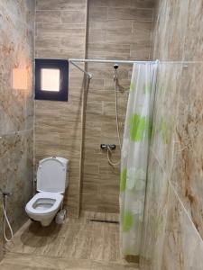 a bathroom with a toilet and a shower curtain at Beach house in Zarzis
