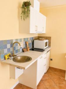 a kitchen with a sink and a microwave at Holibai Misiño, Estudio para dos en Baiona in Baiona +1 photo