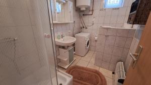 a small bathroom with a sink and a toilet at Mecseki Farkasvár in Magyarhertelend
