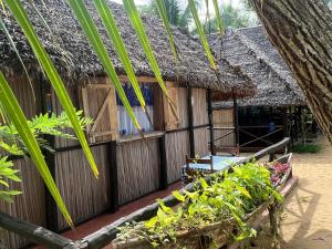 a house with a thatched roof and some plants at Lokobe Djema Forest Lodge in Nosy Be