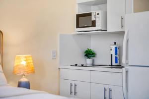 a kitchen with a microwave and a plant on a shelf at El Jardin Inn in Miami +144 photos