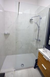 a bathroom with a shower and a sink at Studio MAYA in Maribor +1 photo