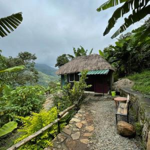 a small hut with a thatch roof and a pathway at The Cloud door in Perumālmalai