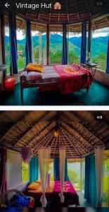 two pictures of a bed in a room with a window at The Cloud door in Perumālmalai