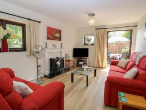 a living room with a red couch and a tv at Lowbrook Cottage in Diss