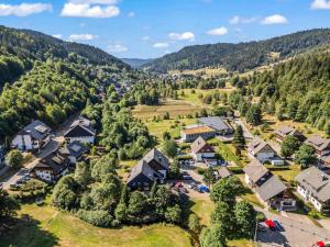 an aerial view of a village in the mountains at Großer Garten mit Grill,-Spiel und Sitzmöglichkeiten-umgeben von schöner Natur-Ferienhaus Albmatte in St. Blasien +37 photos