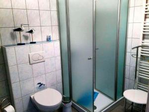 a bathroom with a toilet and a shower at Ferienwohnung STEUERMANN in Werdum in Werdum