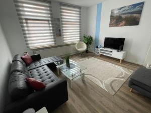 ein Wohnzimmer mit Ledersofa und Fernseher in der Unterkunft Brigg in Emden
