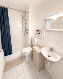 a bathroom with a toilet and a sink and a shower at Apartment Balkon Parkplatz Arbeitsplatz in Reutlingen