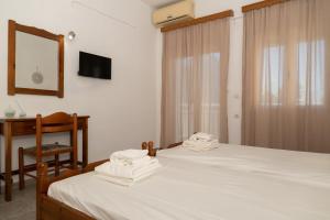 a bedroom with two beds and a desk and a mirror at Jimmy Anna Apartments in Votsalákia