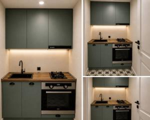 two pictures of a kitchen with a sink and a stove at Cherry Guesthouse in Tsalka