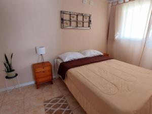 a bedroom with a bed and a lamp and a window at Sol de Monte in San Miguel del Monte