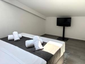 a bedroom with a bed with pillows and a flat screen tv at Florina Sky Loft in Florina