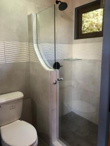 a bathroom with a toilet and a glass shower at Club Fred in Ojochal +13 photos