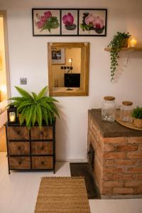 a room with a mirror and a wooden dresser at RoseArt Nest Studio in Ljubljana