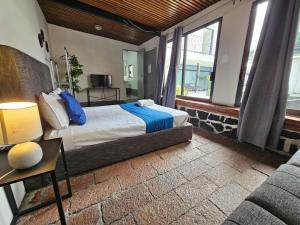 a bedroom with a bed and a tv and a couch at Singular Goldsmith in Mexico City