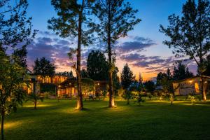 a yard with trees and a house at dusk at Eben Lake Kivu cottages and Villas in Kagano