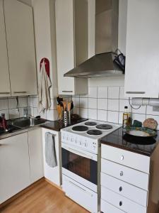 a kitchen with a white stove and a sink at Quiet room near everything in a shared apartment in Helsinki
