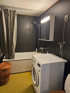 a washing machine in a bathroom with a shower at Quiet room near everything in a shared apartment in Helsinki