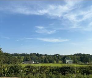a green field with trees and a blue sky at Swallows Lodge in Bathgate