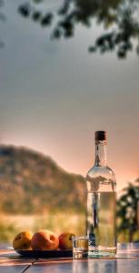 a bottle of water and some peaches on a table at Apartment Lake Oasis ''Oko'' in Krnjice
