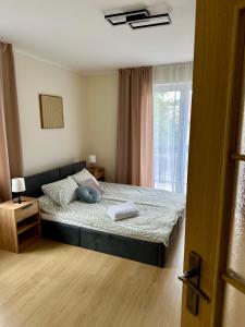 a bedroom with a bed and a window at Nad Wadągiem in Kieźliny